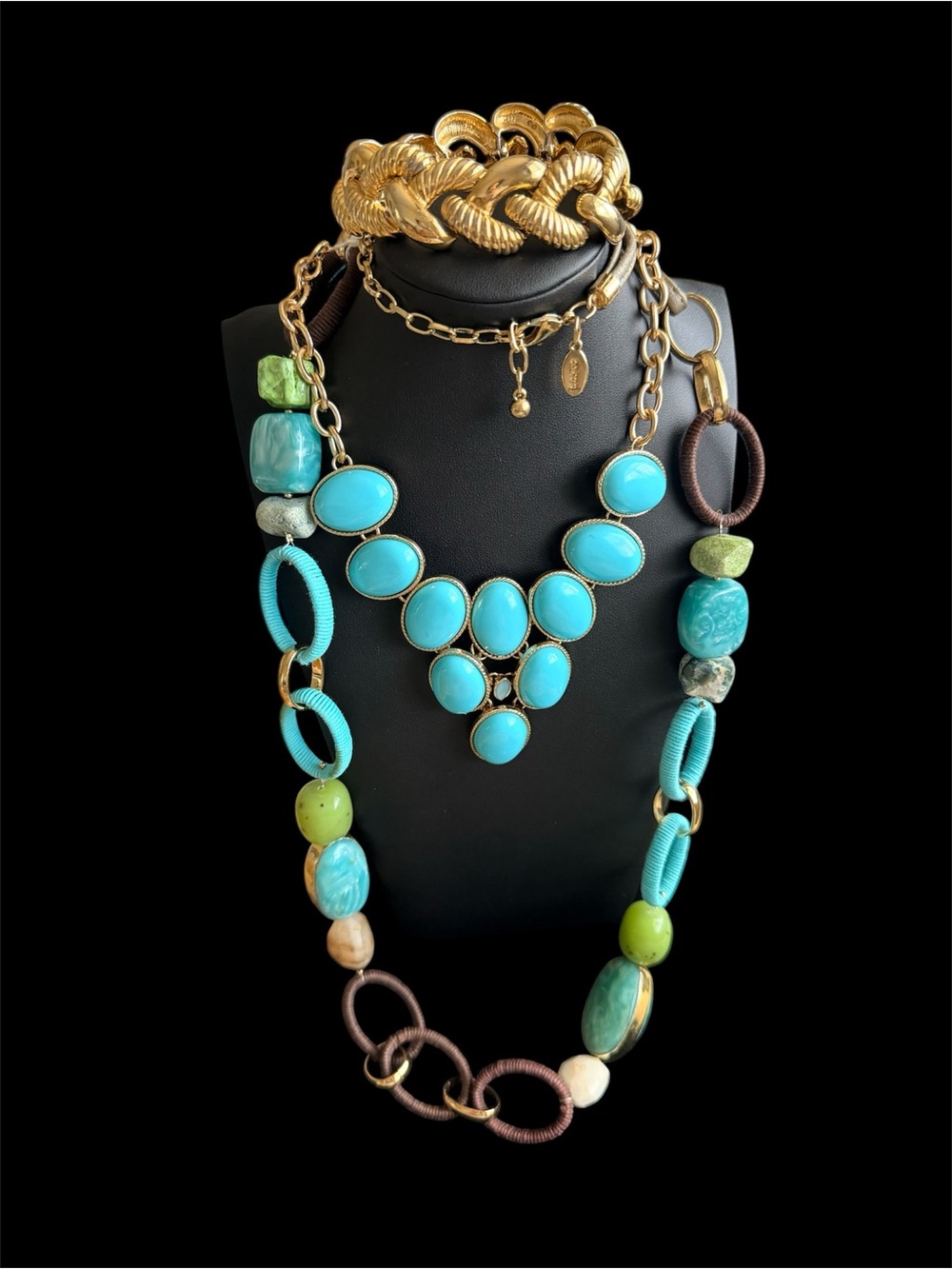 Chico's Turquoise and Green Multi-Strand Statement Necklace with Gold Accents
